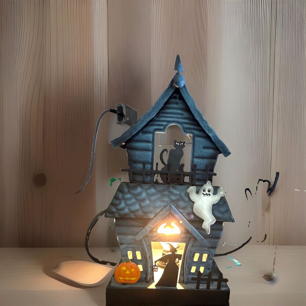 Lighted Ceramic Halloween Haunted House Figurine Ghost Cat Jack-O-Lantern